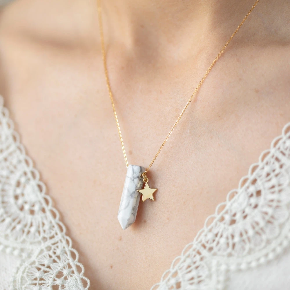White Howlite Point Pendant Necklace With Gold Star(White Howlite Point Pendant Necklace With Gold Star) 1 White Howlite Point Pendant Necklace With Gold Star(White Howlite Point Pendant Necklace With Gold Star)
