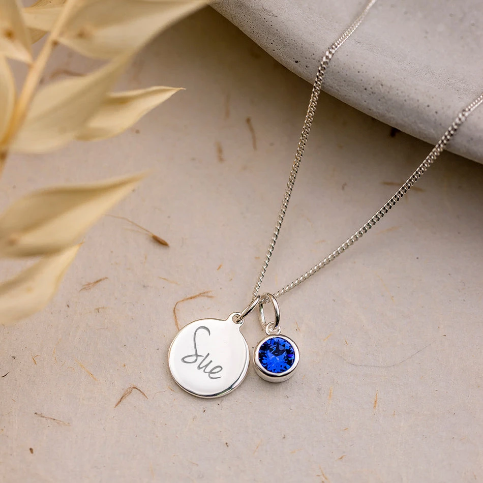 Personalised September Birthstone Necklace - Sapphire(Engraved Birthstone Necklace September) 1 Personalised September Birthstone Necklace - Sapphire(Engraved Birthstone Necklace September)
