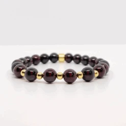 Garnet Gemstone Bracelet – 8mm Beads With Gold Accents For Passion & Strength(Garnet Gemstone Bracelet 8mm)