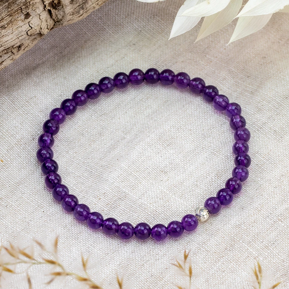 Amethyst Gemstone Bracelet – 4mm Beads With Sterling Silver Accent(Amethyst Gemstone Bracelet 4mm) 2 Amethyst Gemstone Bracelet – 4mm Beads With Sterling Silver Accent(Amethyst Gemstone Bracelet 4mm) - Image 2