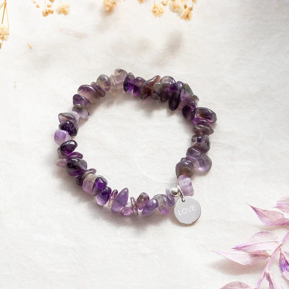Personalised Amethyst Bracelet – Crystal Chips With Engraved Name Charm(Personalised Amethyst Crystal Chip Bracelet) 1 Personalised Amethyst Bracelet – Crystal Chips With Engraved Name Charm(Personalised Amethyst Crystal Chip Bracelet)