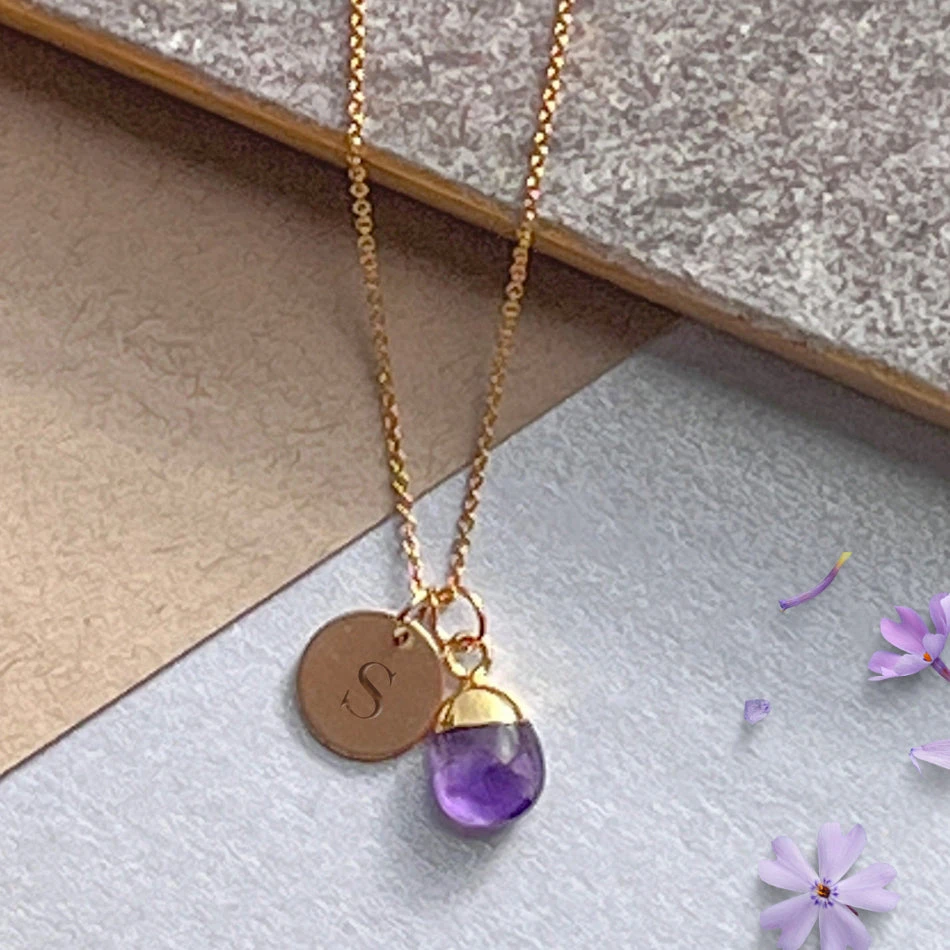 Personalised Gold Initial Necklace – Amethyst Moonstone – Dainty Jewellery Gift For Her(Teardrop Amethyst Necklace Gold) 1 Personalised Gold Initial Necklace – Amethyst Moonstone – Dainty Jewellery Gift For Her(Teardrop Amethyst Necklace Gold)