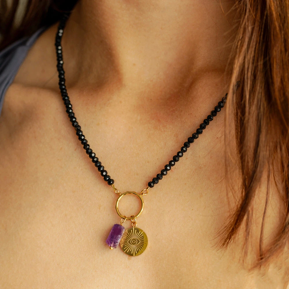 Black Spinel Charm Necklace With Raw Amethyst & Engravable Evil Eye – 22K Gold Plated(Black Spinel Charm Necklace With Raw Amethyst Engravable Evil Eye 22k Gold Plated) 2 Black Spinel Charm Necklace With Raw Amethyst & Engravable Evil Eye – 22K Gold Plated(Black Spinel Charm Necklace With Raw Amethyst Engravable Evil Eye 22k Gold Plated) - Image 2