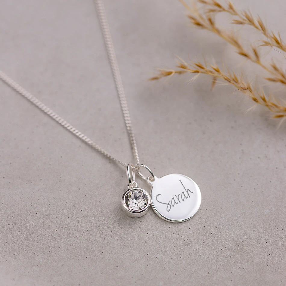 Personalised April Birthstone Necklace - Crystal(Engraved Birthstone Necklace April) 1 Personalised April Birthstone Necklace - Crystal(Engraved Birthstone Necklace April)
