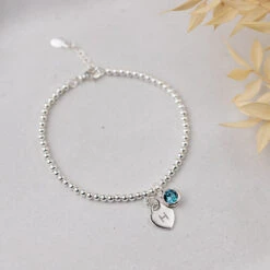 Personalised March Birthstone Bracelet - Aquamarine Crystal & Sterling Silver With Heart Charm(Personalised March Birthstone Bracelet Aquamarine Crystal)