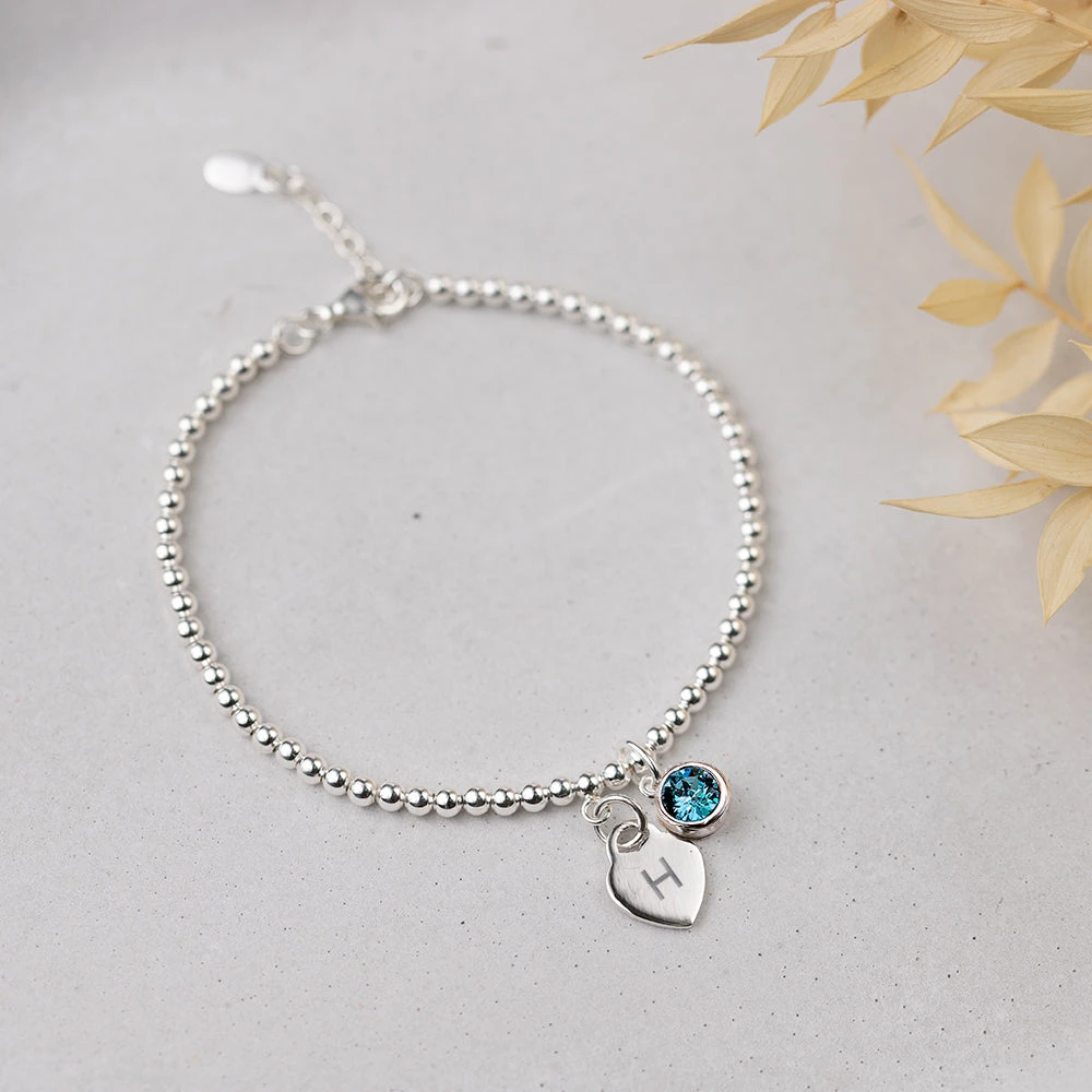 Personalised March Birthstone Bracelet - Aquamarine Crystal & Sterling Silver With Heart Charm(Personalised March Birthstone Bracelet Aquamarine Crystal) 1 Personalised March Birthstone Bracelet - Aquamarine Crystal & Sterling Silver With Heart Charm(Personalised March Birthstone Bracelet Aquamarine Crystal)