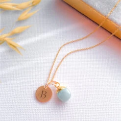 Personalised Gold Initial Necklace – Teardrop Aquamarine – Dainty Jewellery Gift For Her(Initial Teardrop Aquamarine Necklace Gold)
