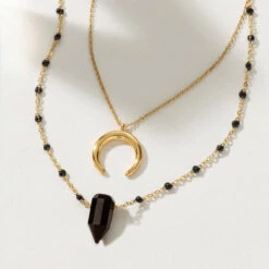 Layered Black Onyx Necklace Set – Dark Moon Jewellery – Gold Crystal Pendant(Dark Moon Onyx Necklace Set Black Onyx)