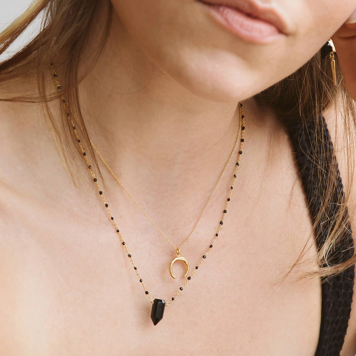 Layered Black Onyx Necklace Set – Dark Moon Jewellery – Gold Crystal Pendant(Dark Moon Onyx Necklace Set Black Onyx) 2 Layered Black Onyx Necklace Set – Dark Moon Jewellery – Gold Crystal Pendant(Dark Moon Onyx Necklace Set Black Onyx) - Image 2