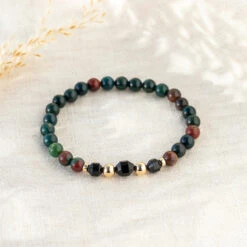 Black Tourmaline & Bloodstone Bracelet – Protective Crystal Jewellery With Gold Details(Purity Gemstone Bracelet 6mm)