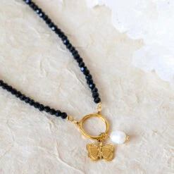 Black Spinel Charm Necklace With Butterfly & Natural Pearl – 22K Gold Plated(Black Spinel Charm Necklace With Butterfly Natural Pearl 22k Gold Plated)