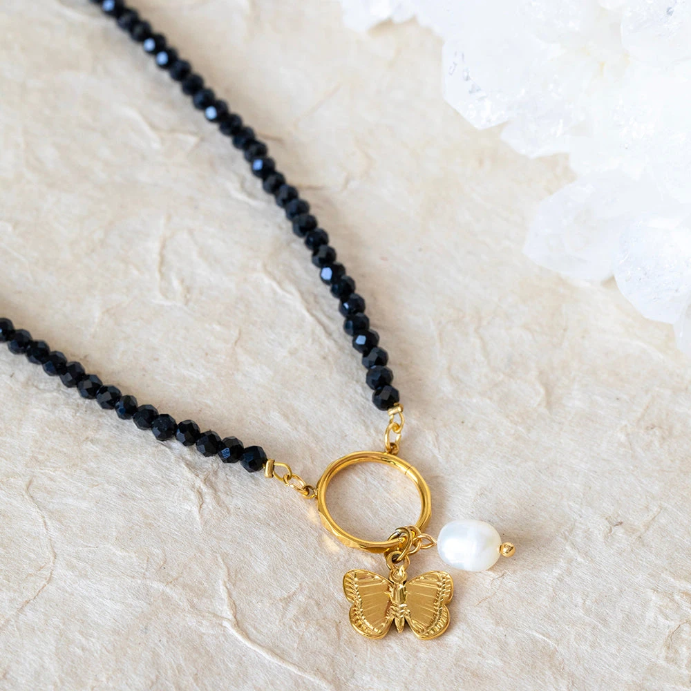 Black Spinel Charm Necklace With Butterfly & Natural Pearl – 22K Gold Plated(Black Spinel Charm Necklace With Butterfly Natural Pearl 22k Gold Plated) 1 Black Spinel Charm Necklace With Butterfly & Natural Pearl – 22K Gold Plated(Black Spinel Charm Necklace With Butterfly Natural Pearl 22k Gold Plated)