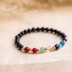 Chakra Bracelet With Black Tourmaline Beads - 6mm Faceted Beads & Sterling Silver Details(Chakra Bracelet With Tourmaline)