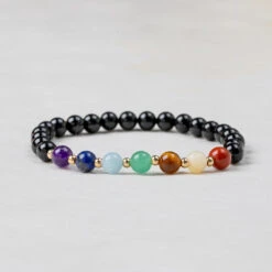 Black Tourmaline Chakra Bracelet – 6mm Gemstone For Protection & Balance(Chakra Bracelet With Black Tourmaline 6mm)