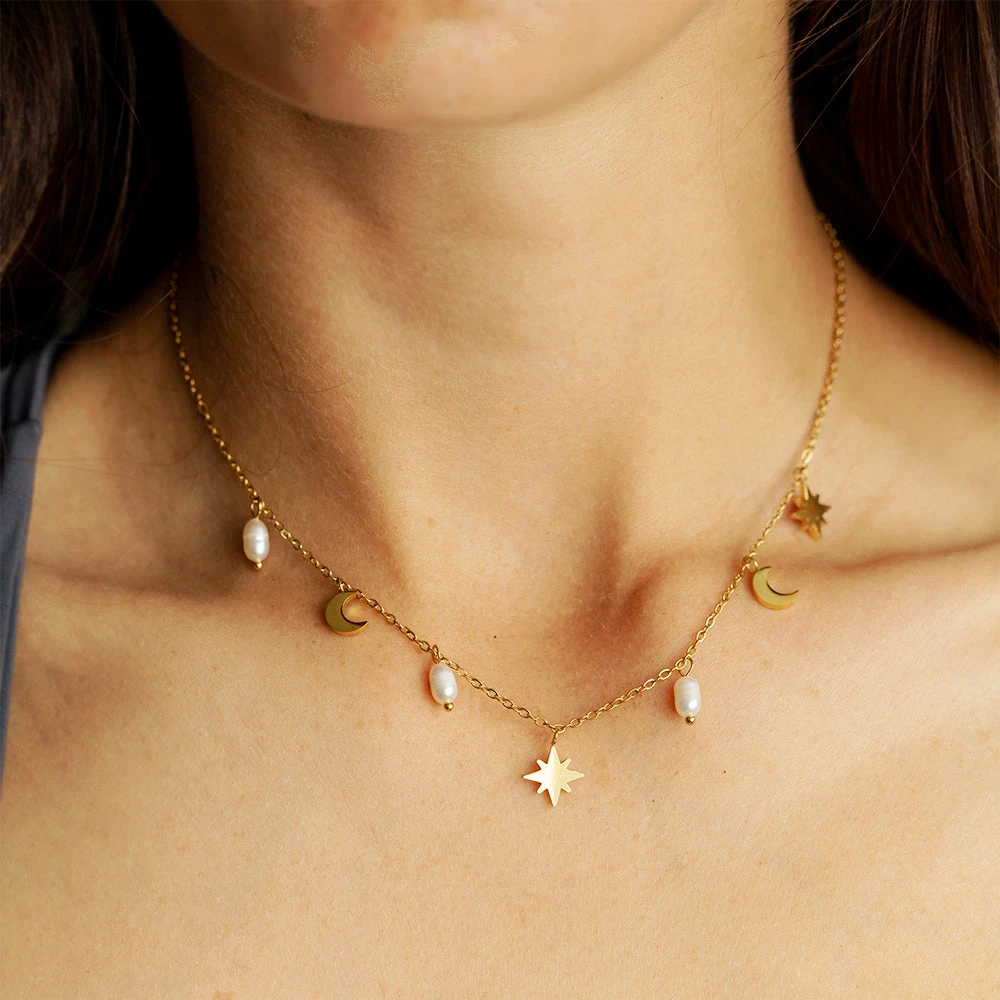 Celestial Pearl Charm Choker – 22K Gold Plated – Crescent Moon & Star Necklace(Celestial Pearl Charm Choker 22k Gold Plated Crescent Moon Star Necklace) 2 Celestial Pearl Charm Choker – 22K Gold Plated – Crescent Moon & Star Necklace(Celestial Pearl Charm Choker 22k Gold Plated Crescent Moon Star Necklace) - Image 2