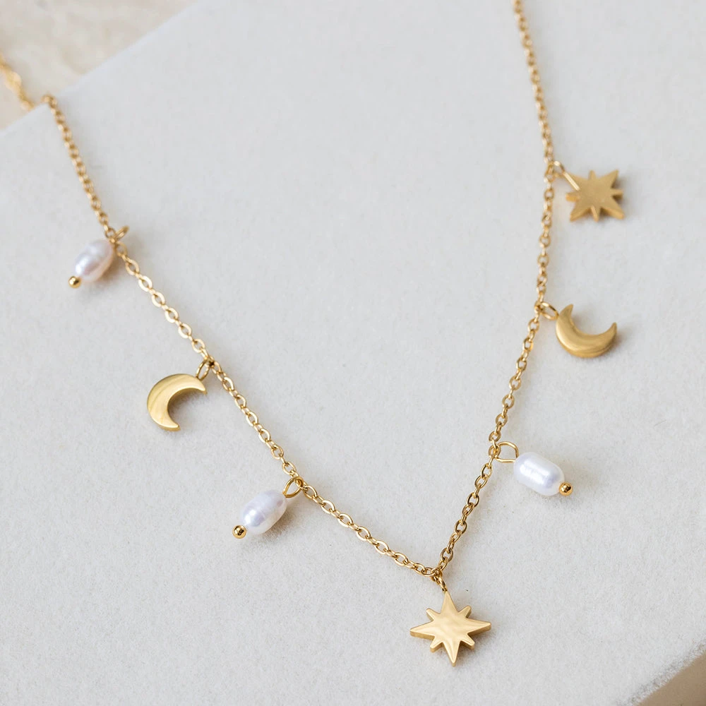 Celestial Pearl Charm Choker – 22K Gold Plated – Crescent Moon & Star Necklace(Celestial Pearl Charm Choker 22k Gold Plated Crescent Moon Star Necklace) 3 Celestial Pearl Charm Choker – 22K Gold Plated – Crescent Moon & Star Necklace(Celestial Pearl Charm Choker 22k Gold Plated Crescent Moon Star Necklace) - Image 3