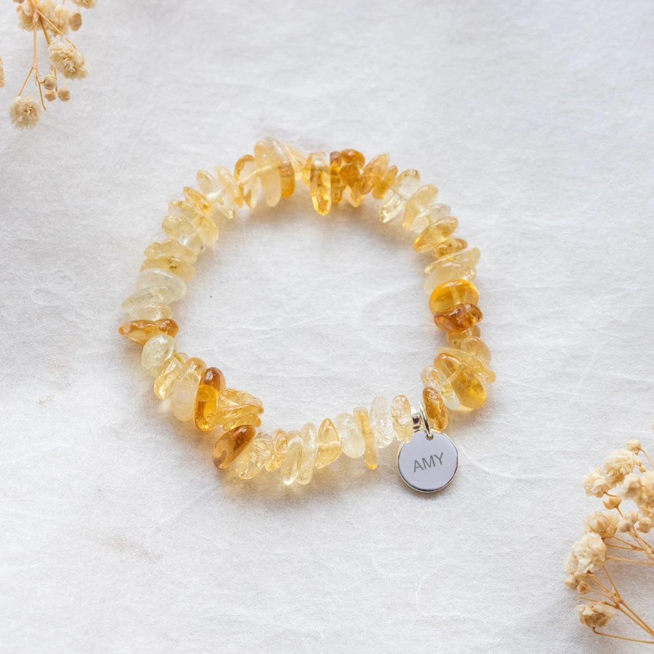 Personalised Citrine Bracelet – Crystal Chips With Engraved Name Charm(Citrine Crystal Chip Bracelet) 1 Personalised Citrine Bracelet – Crystal Chips With Engraved Name Charm(Citrine Crystal Chip Bracelet)