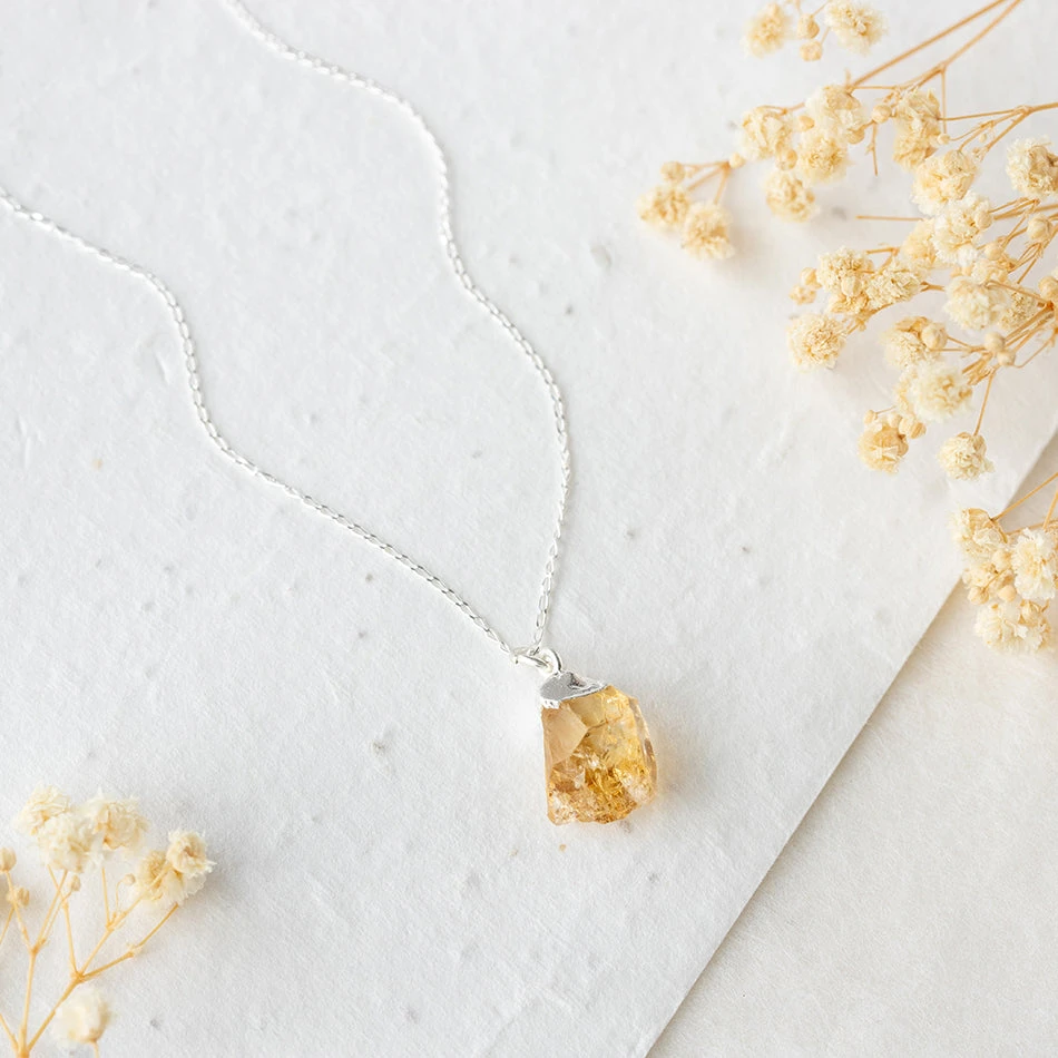 Raw Citrine Necklace - Silver Dipped Crystal Pendant(Natural Citrine Necklace With Engraved Initial Charm) 1 Raw Citrine Necklace - Silver Dipped Crystal Pendant(Natural Citrine Necklace With Engraved Initial Charm)