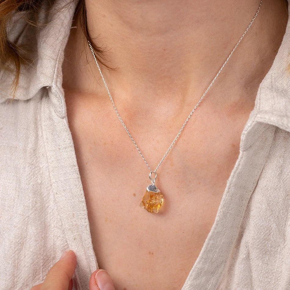 Raw Citrine Necklace - Silver Dipped Crystal Pendant(Natural Citrine Necklace With Engraved Initial Charm) 3 Raw Citrine Necklace - Silver Dipped Crystal Pendant(Natural Citrine Necklace With Engraved Initial Charm) - Image 3