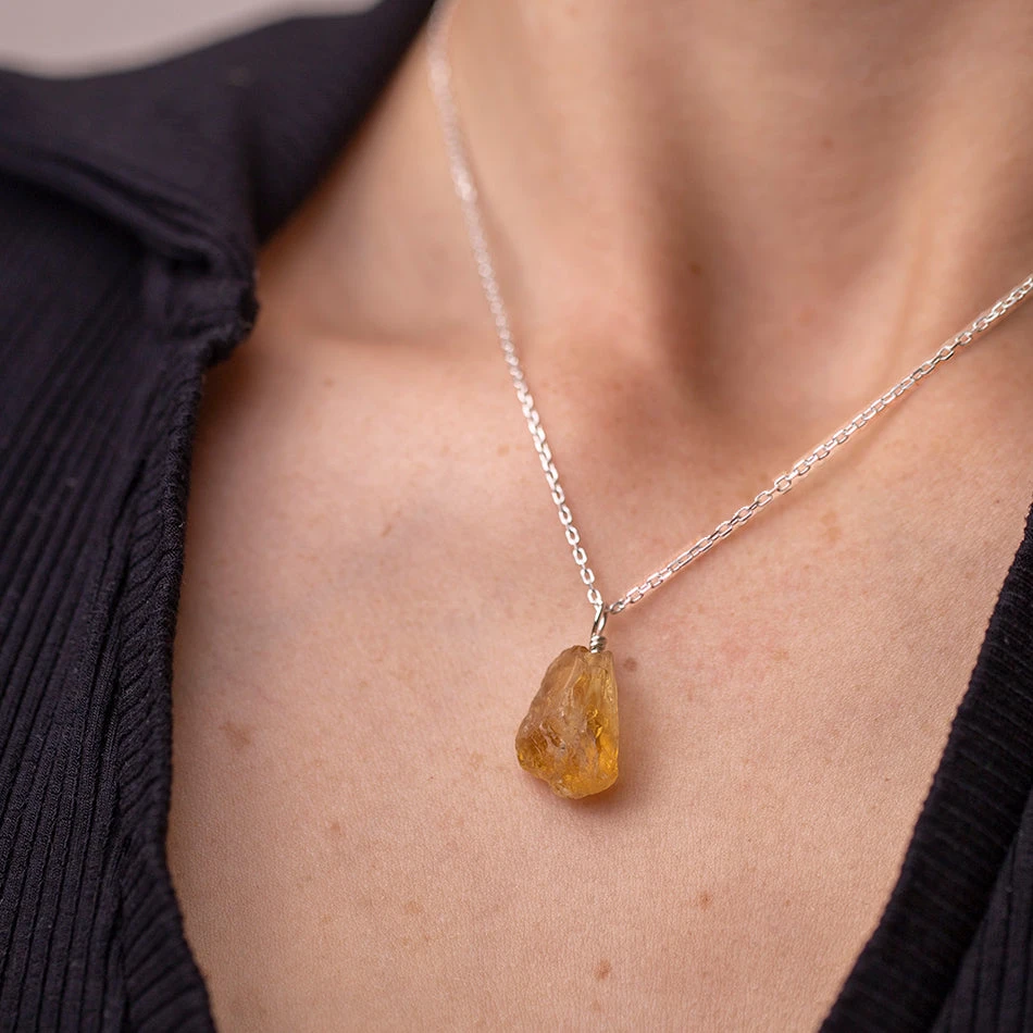 Raw Citrine Necklace – Threaded Crystal Pendant On Sterling Silver Chain(Natural Citrine Necklace) 2 Raw Citrine Necklace – Threaded Crystal Pendant On Sterling Silver Chain(Natural Citrine Necklace) - Image 2