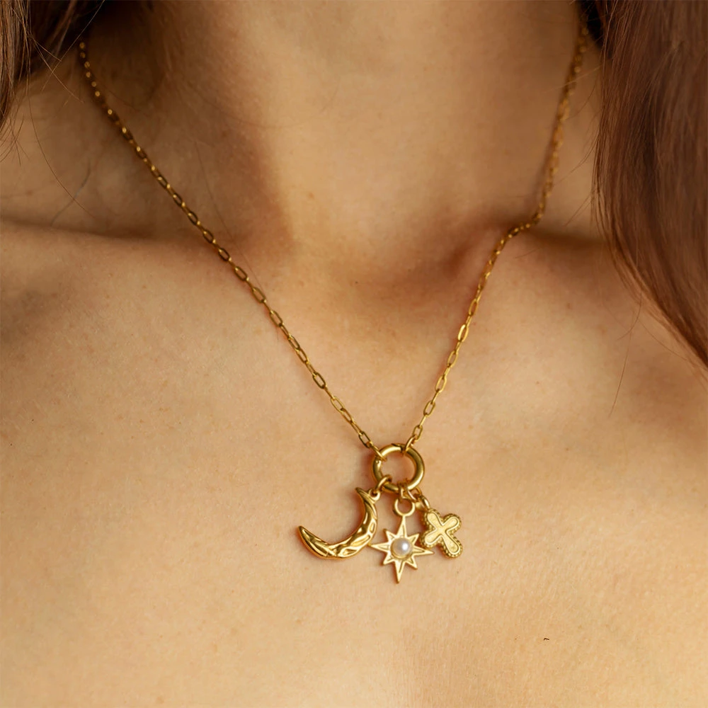 Crescent Moon, Star & Cross Charm Necklace – 22K Gold Plated(Crescent Moon Star Cross Charm Necklace 22k Gold Plated) 2 Crescent Moon, Star & Cross Charm Necklace – 22K Gold Plated(Crescent Moon Star Cross Charm Necklace 22k Gold Plated) - Image 2