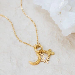 Crescent Moon, Star & Cross Charm Necklace – 22K Gold Plated(Crescent Moon Star Cross Charm Necklace 22k Gold Plated)