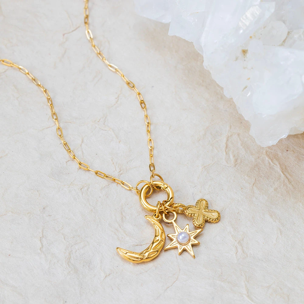 Crescent Moon, Star & Cross Charm Necklace – 22K Gold Plated(Crescent Moon Star Cross Charm Necklace 22k Gold Plated) 1 Crescent Moon, Star & Cross Charm Necklace – 22K Gold Plated(Crescent Moon Star Cross Charm Necklace 22k Gold Plated)