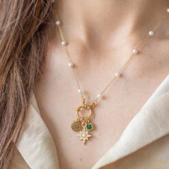 Celestial Trio Charm Necklace – 22K Gold Plated - Birthstone, Sun & Pearl Star(Celestial Trio Charm Necklace 22k Gold Plated Birthstone Sun Pearl Star)