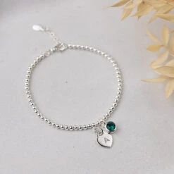 Personalised May Birthstone Bracelet - Emerald Crystal & Sterling Silver With Heart Charm(Personalised May Birthstone Bracelet Emerald Crystal)