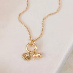 Evil Eye & Elephant Charm Necklace – 22K Gold Plated(Evil Eye Elephant Charm Necklace 22k Gold Plated)