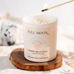 Moonstone Crystal Candle – Full Moon Energy, Intuition & New Beginnings(Full Moon Candle With Moonstone Crystals) -Djuna Jewelry Store full moon crystal candle 1