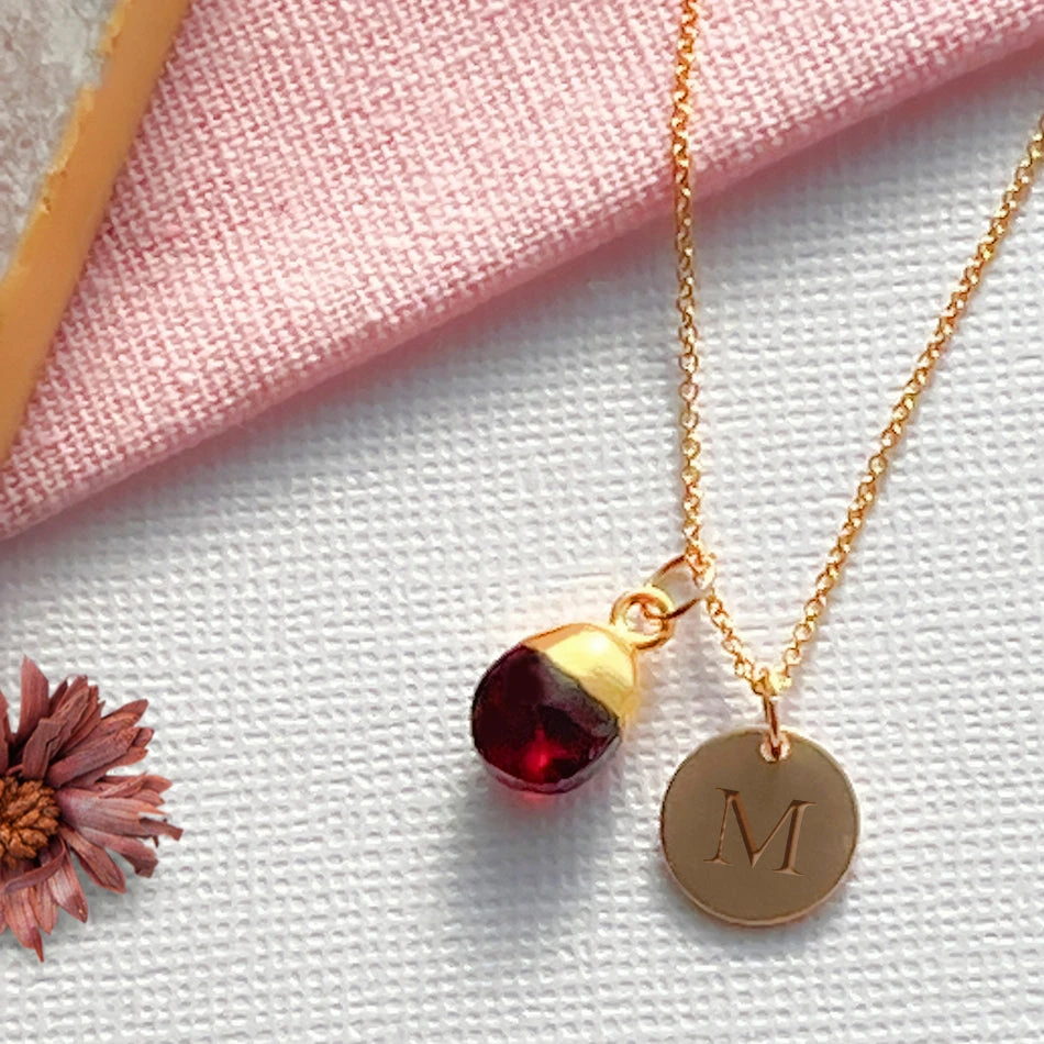 Personalised Gold Initial Necklace – Teardrop Garnet – Dainty Jewellery Gift For Her(Initial Teardrop Garnet Necklace Gold) 1 Personalised Gold Initial Necklace – Teardrop Garnet – Dainty Jewellery Gift For Her(Initial Teardrop Garnet Necklace Gold)