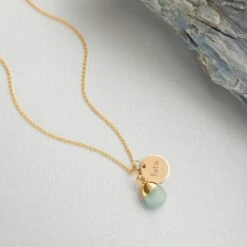 Personalised Aquamarine Gemstone Necklace - Engraved Charm(Personalised Aquamarine Necklace)
