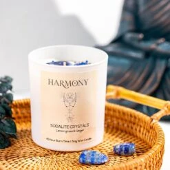 Harmony Crystal Candle With Sodalite – Hand-Poured Soy Wax, Calming Energy(Harmony Candle With Sodalite Crystals)