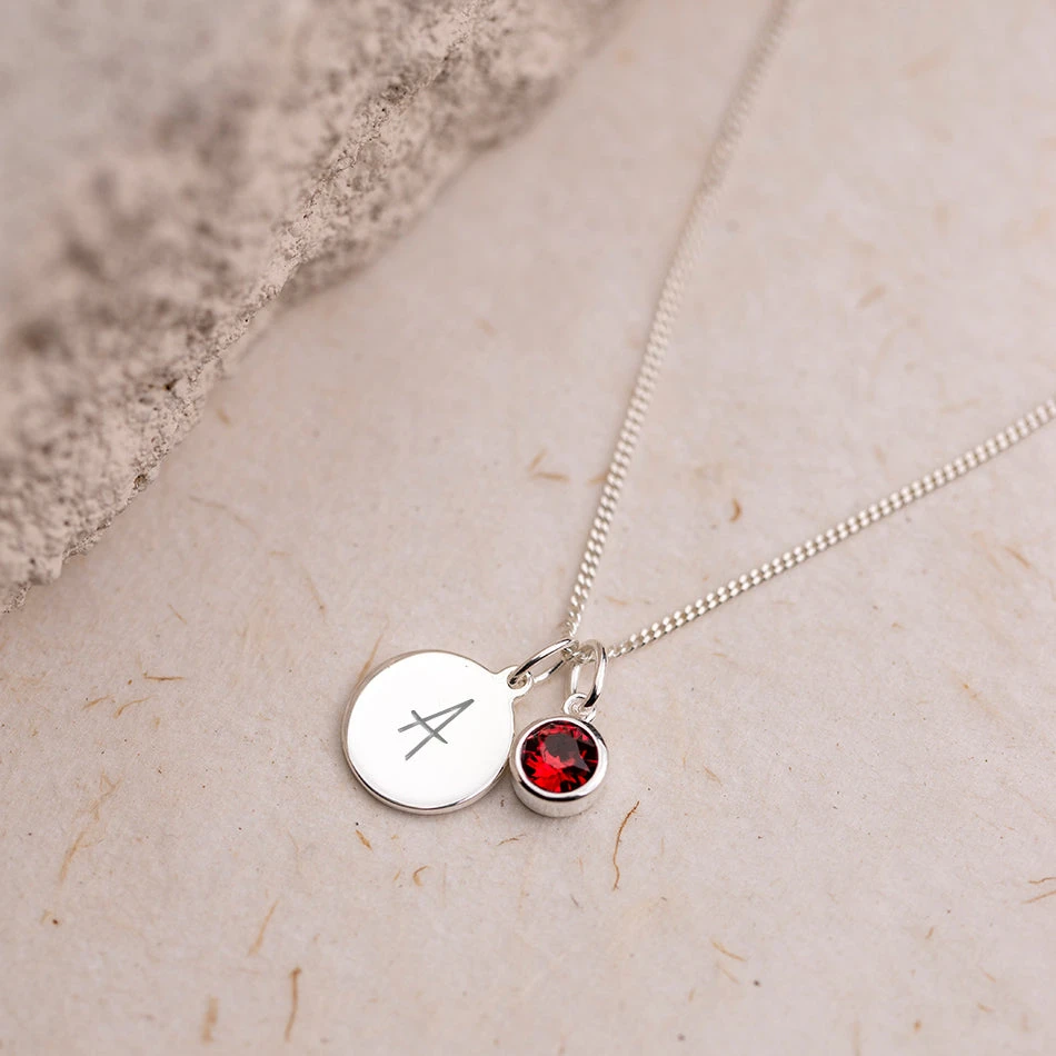 Personalised July Birthstone Necklace - Ruby Crystal(Engraved Birthstone Necklace July) 1 Personalised July Birthstone Necklace - Ruby Crystal(Engraved Birthstone Necklace July)