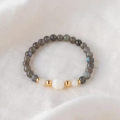 Lunar Radiance Labradorite Gemstone Bracelet With Rose Quartz And Gold Details(True Wishes Gemstone Bracelet 6mm)