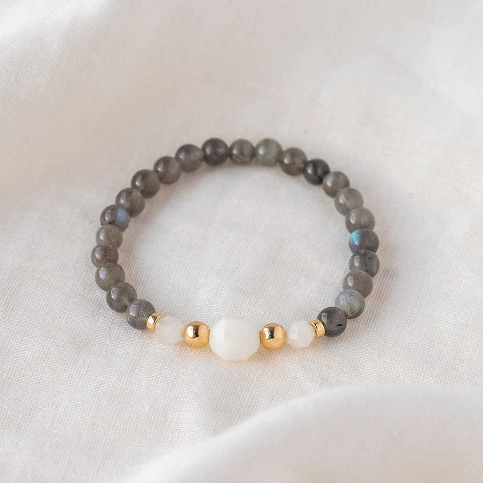 Lunar Radiance Labradorite Gemstone Bracelet With Rose Quartz And Gold Details(True Wishes Gemstone Bracelet 6mm) 1 Lunar Radiance Labradorite Gemstone Bracelet With Rose Quartz And Gold Details(True Wishes Gemstone Bracelet 6mm)