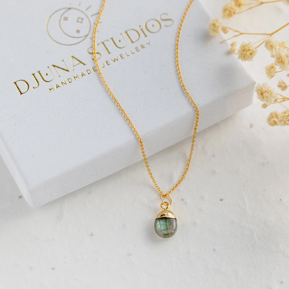 Labradorite Gemstone Necklace – Teardrop Pendant, Handmade Gold Plated(Tiny Teardrop Labradorite Necklace) 1 Labradorite Gemstone Necklace – Teardrop Pendant, Handmade Gold Plated(Tiny Teardrop Labradorite Necklace)
