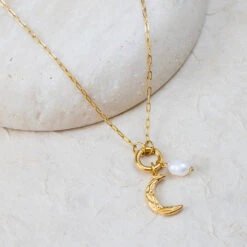 Charm Necklace With Crescent Moon & Natural Pearl β 22K Gold Plated(Charm Necklace With Crescent Moon Natural Pearl 22k Gold Plated)