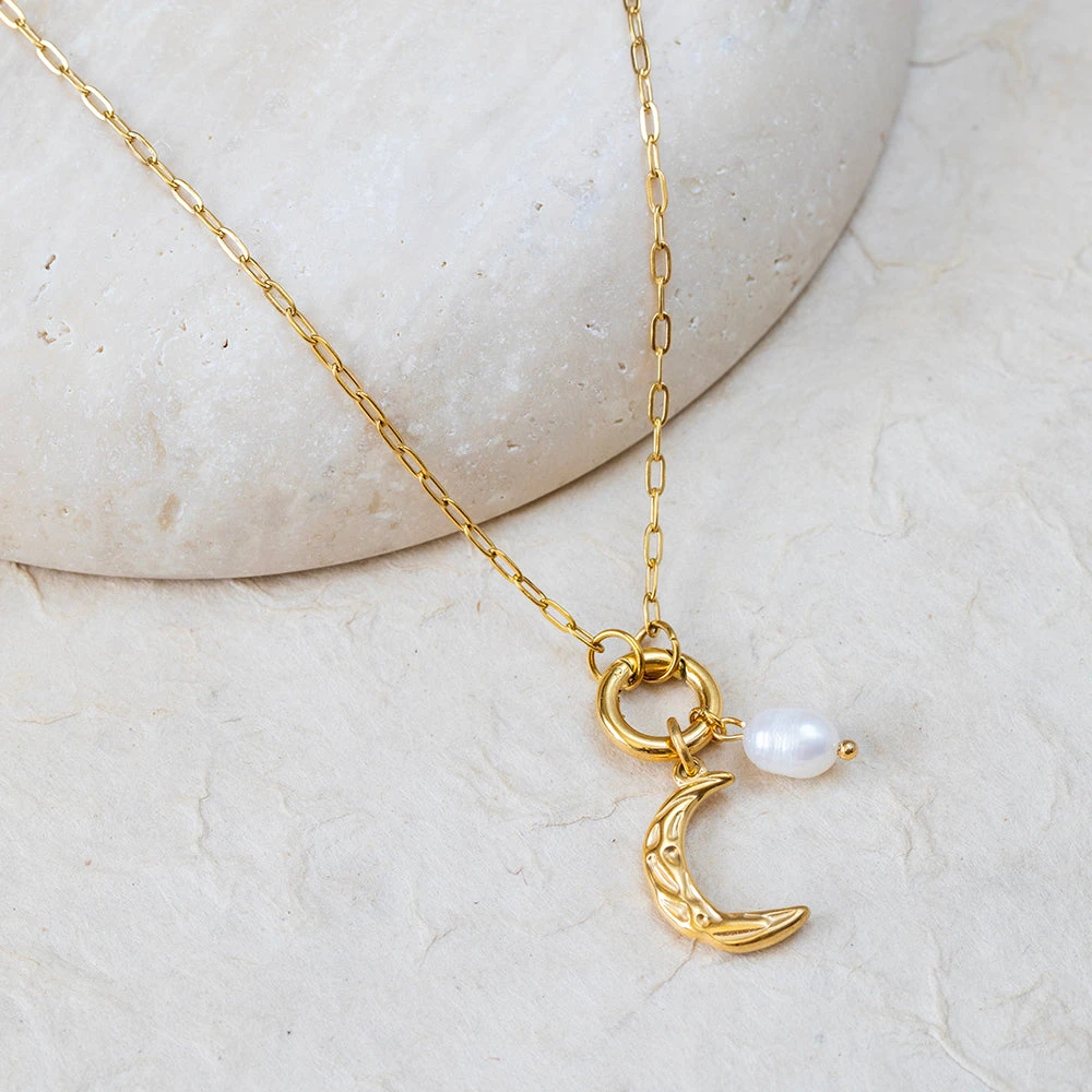 Charm Necklace With Crescent Moon & Natural Pearl – 22K Gold Plated(Charm Necklace With Crescent Moon Natural Pearl 22k Gold Plated) 1 Charm Necklace With Crescent Moon & Natural Pearl – 22K Gold Plated(Charm Necklace With Crescent Moon Natural Pearl 22k Gold Plated)