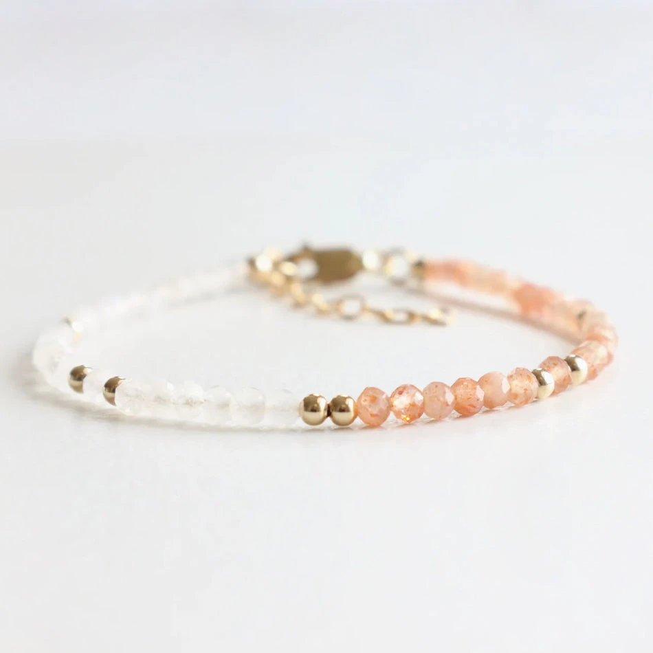 Moonstone & Sunstone Cancer Birthstone Bracelet – Dainty Faceted Beads, Handmade Jewellery(Moonstone Sunstone Dainty Bracelet) 1 Moonstone & Sunstone Cancer Birthstone Bracelet – Dainty Faceted Beads, Handmade Jewellery(Moonstone Sunstone Dainty Bracelet)