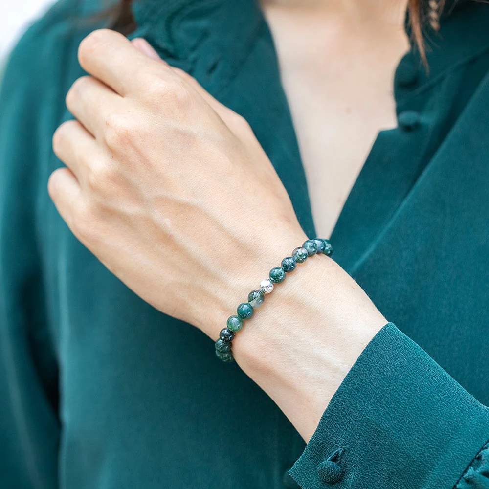 Moss Agate Beaded Bracelet – Essential 6mm Gemstone Crystal Jewellery(Moss Agate Essential Bracelet 6mm) 2 Moss Agate Beaded Bracelet – Essential 6mm Gemstone Crystal Jewellery(Moss Agate Essential Bracelet 6mm) - Image 2