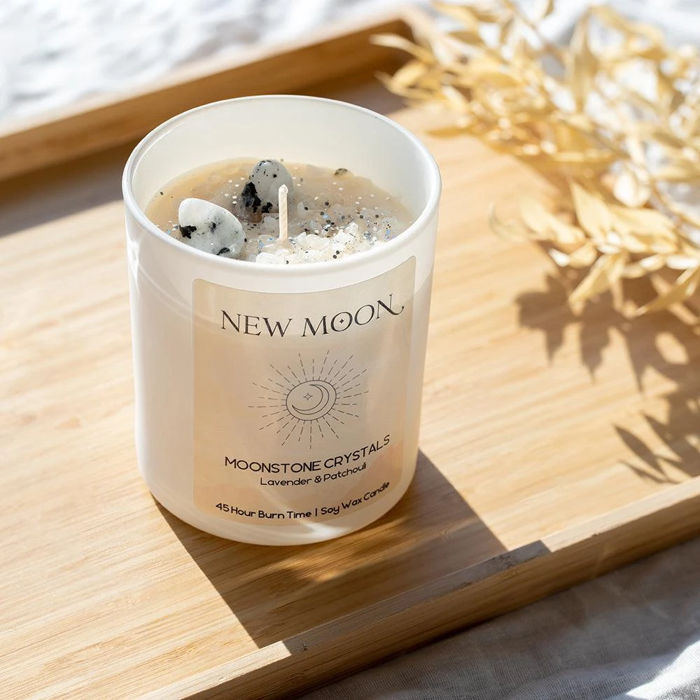 Moonstone Crystal Candle – New Moon Ritual, Intuition & Manifestation(New Moon Candle With Moonstone Crystals) 1 Moonstone Crystal Candle – New Moon Ritual, Intuition & Manifestation(New Moon Candle With Moonstone Crystals)