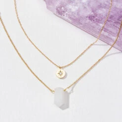 Layered Gold Necklace Set With Rainbow Moonstone – Golden Moonlight Crystal Jewellery(North Star Necklace Set)
