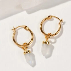 Rainbow Moonstone On Point Hoop Earrings(Rainbow Moonstone On Point Hoop Earrings)