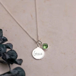 Personalised August Birthstone Necklace - Peridot Crystal(Engraved Birthstone Necklace August)