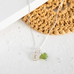 Sterling Silver Peridot Necklace – Teardrop Gem With Personalised Initial(Initial Teardrop Peridot Necklace Sterling Silver)