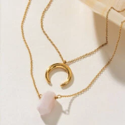 Peruvian Opal Layered Necklace Set – Gold Point Crystal Pendant(Gemstone Point Necklace Set Peruvian Opal)