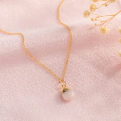 Pink Opal Gemstone Necklace – Teardrop Pendant, Handmade Gold Plated(Tiny Teardrop Pink Opal Necklace)