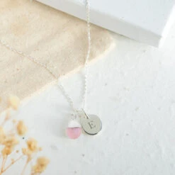 Sterling Silver Pink Opal Necklace – Teardrop Gem With Personalised Initial(Initial Teardrop Pink Opal Necklace Sterling Silver)